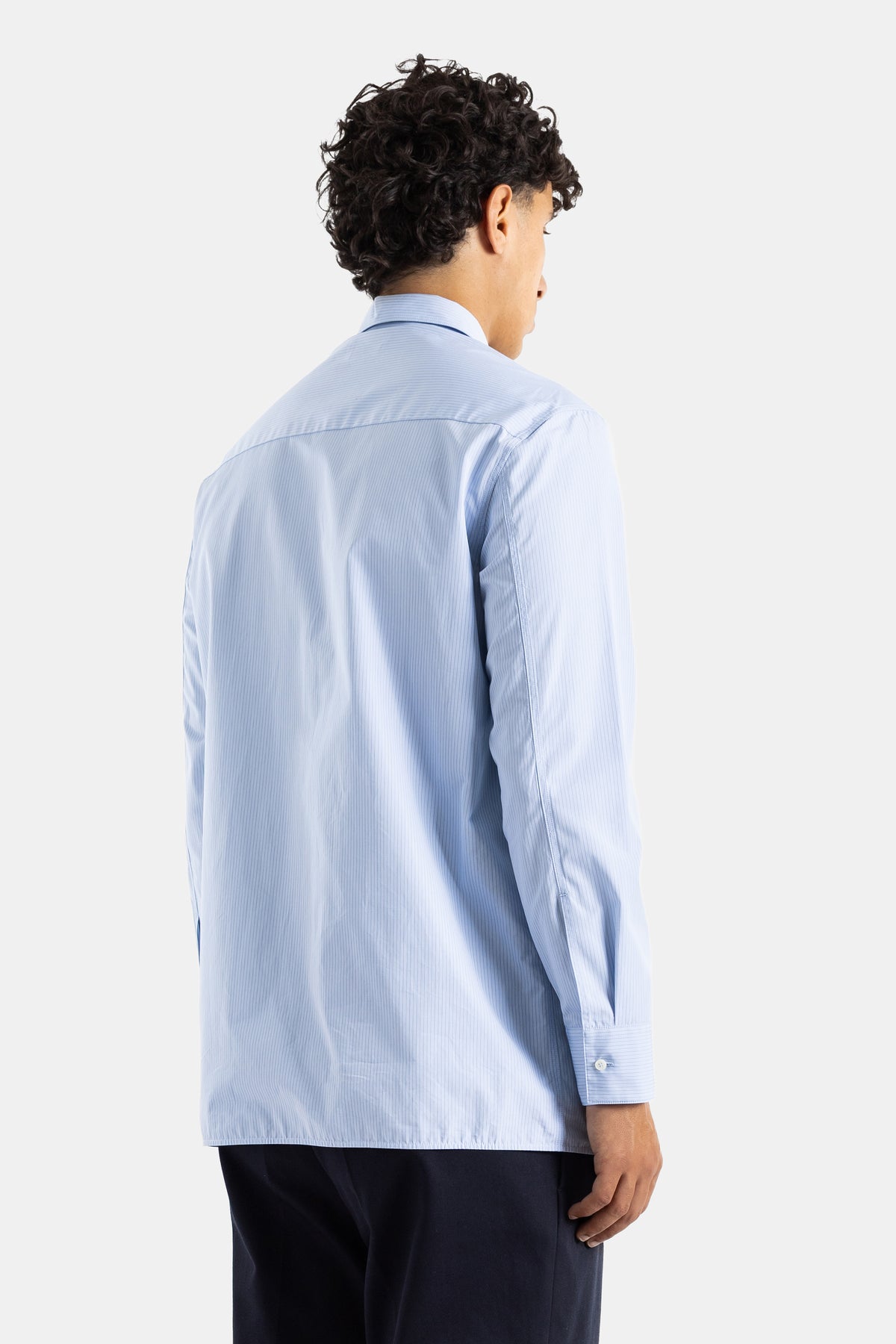 Camicia in Cotone a Righe Sottili Azzurro e Bianco con Collo Italiano