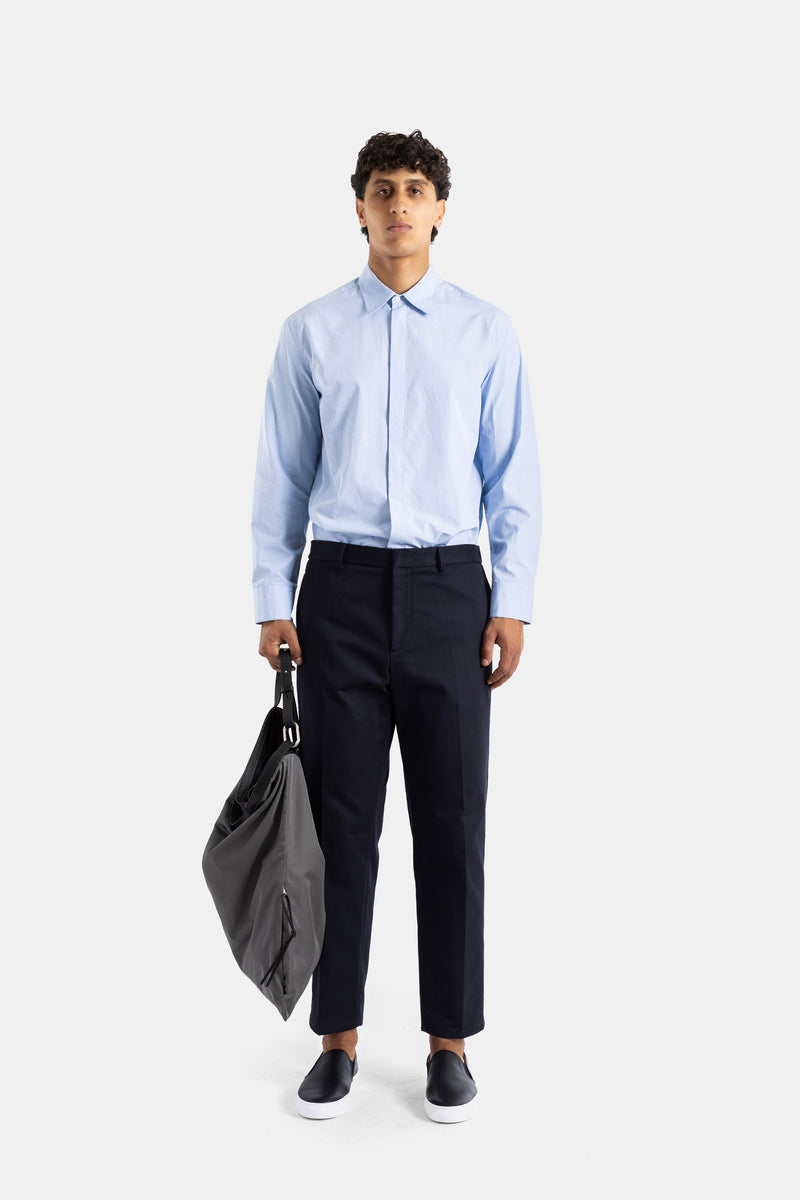 Sky Blue and White Fine-Stripe Cotton Italian Collar Shirt