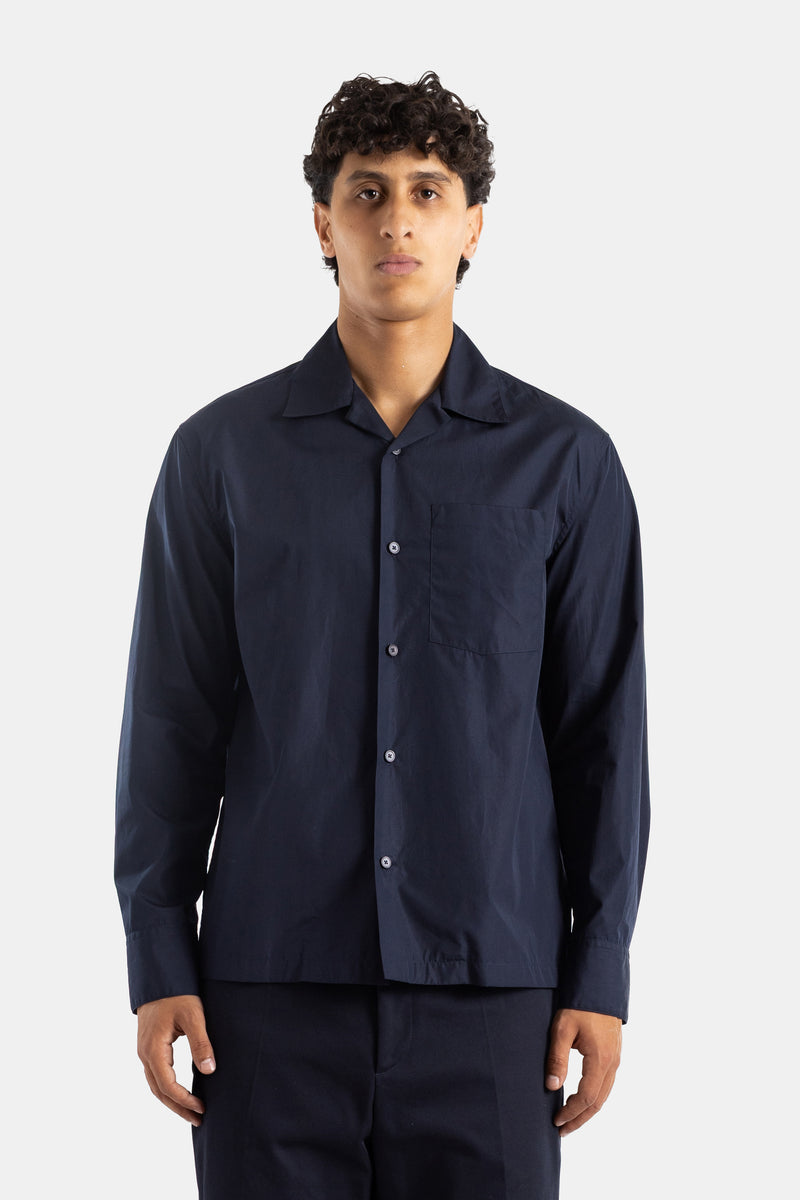 Navy cotton poplin Cuban collar shirt relaxed fit long sleeves chest pocket SS26