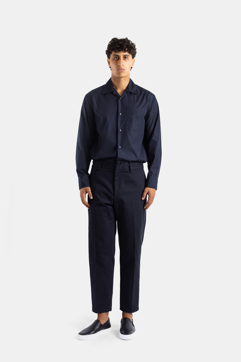 Navy Cotton Poplin Cuban Collar Shirt