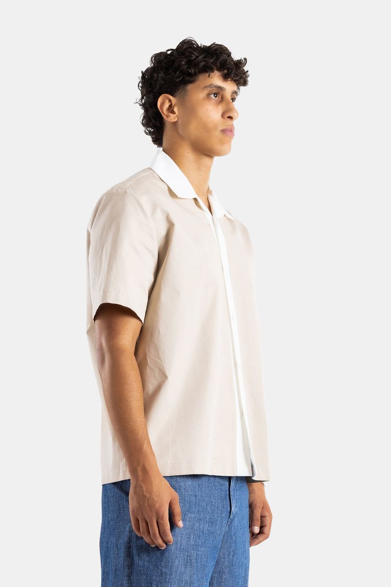 Chemise manches courtes coton beige sable col cubain