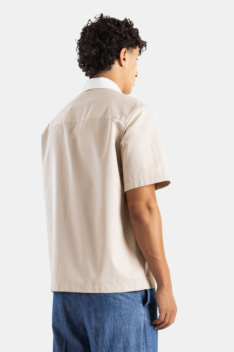 Short-Sleeved Sand Beige Cotton Shirt with Cuban Collar