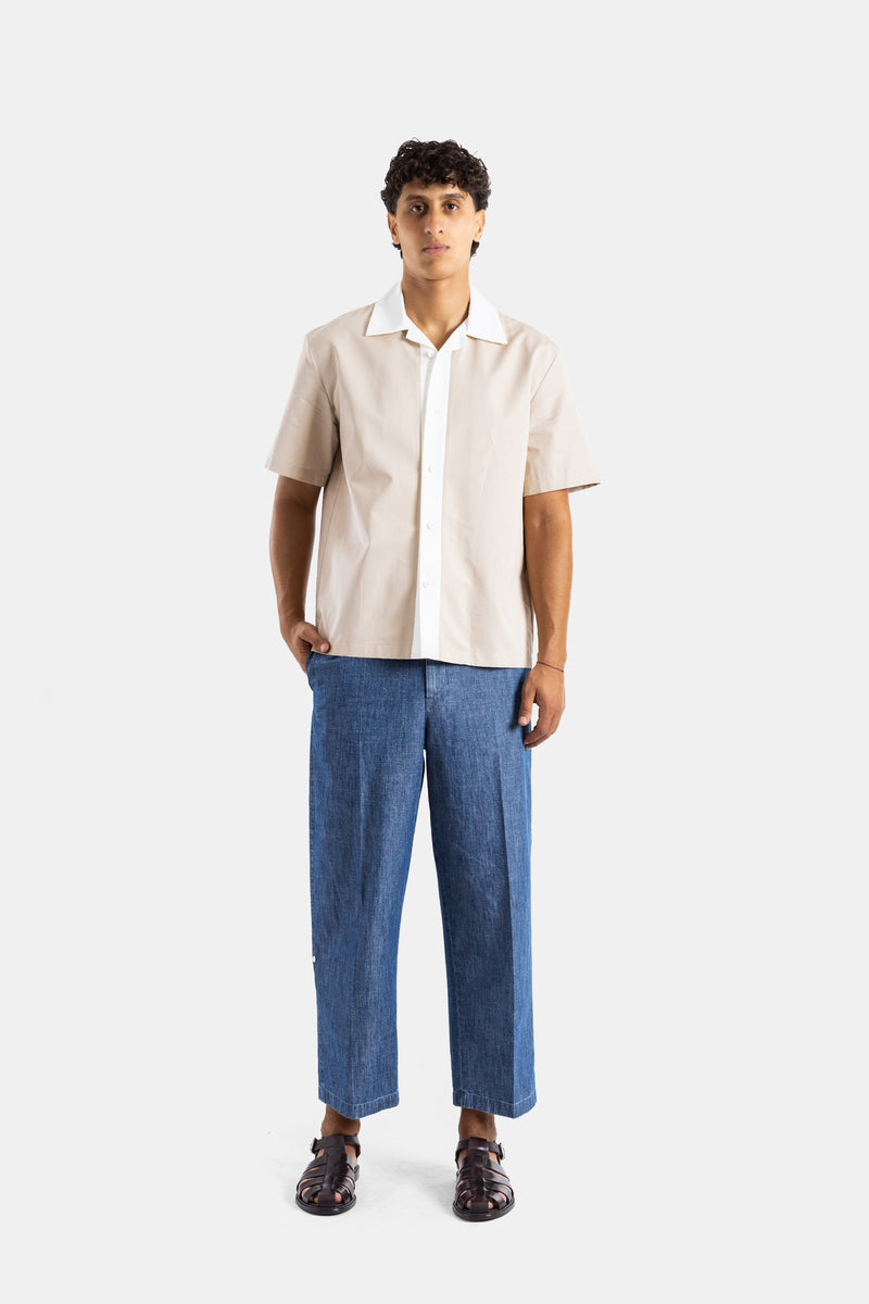 Chemise manches courtes coton beige sable col cubain