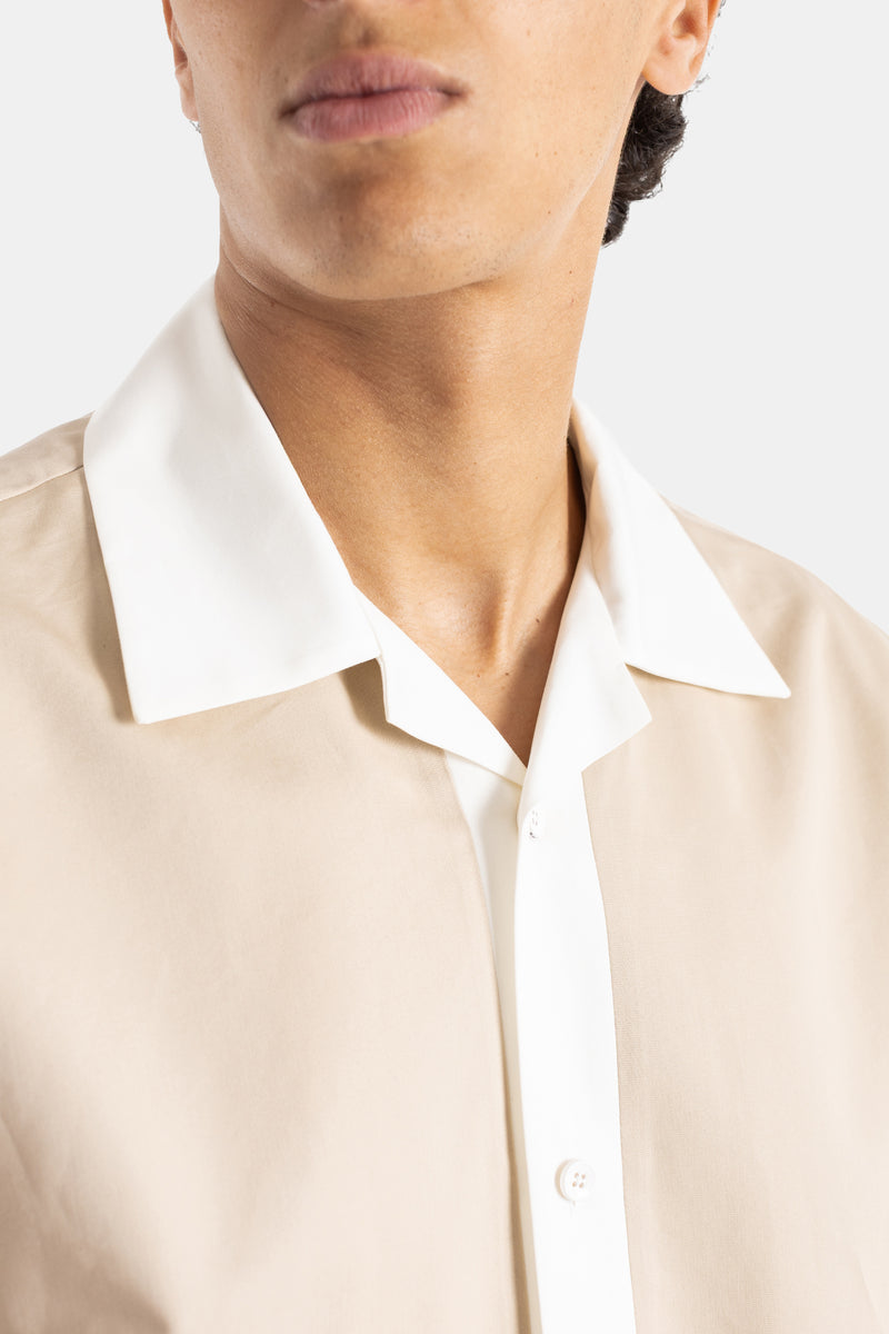 Chemise manches courtes coton beige sable col cubain