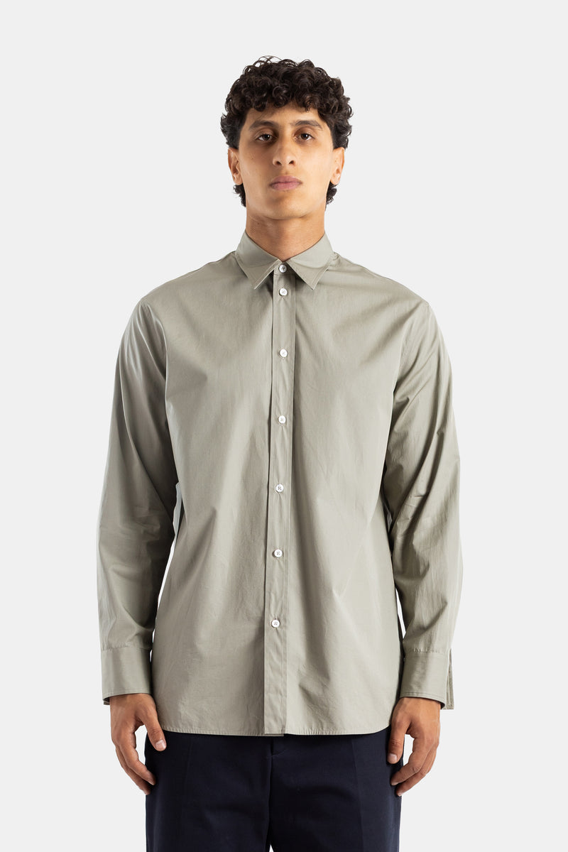 Jil Sander sage green cotton poplin ample oversize shirt pointed collar mother-of-pearl buttons SS25