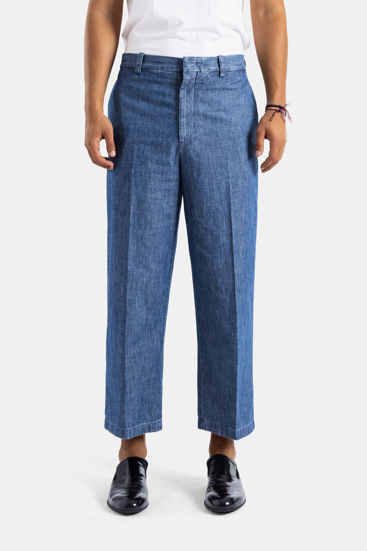Jil Sander washed indigo cotton chambray wide leg trousers ample fit 7/8 men SS26