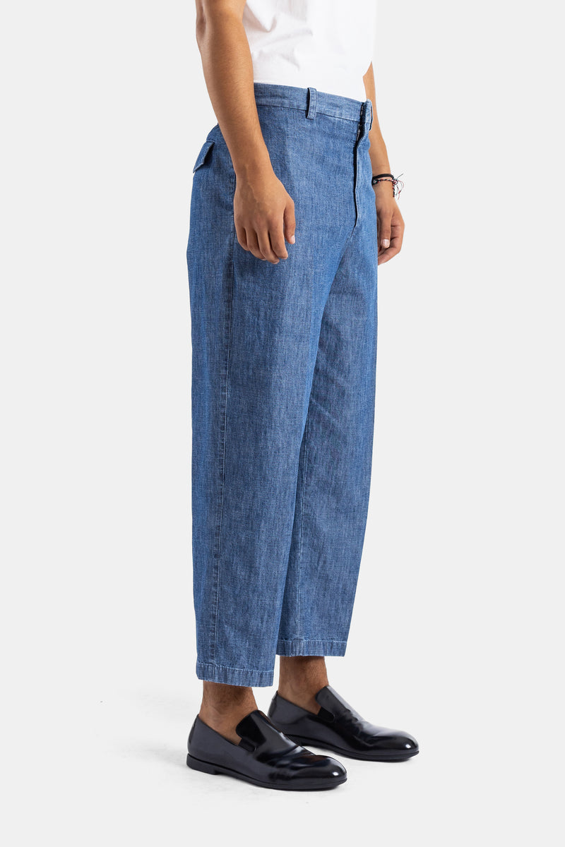 Pantalon chambray coton indigo lavé large pli central 7/8