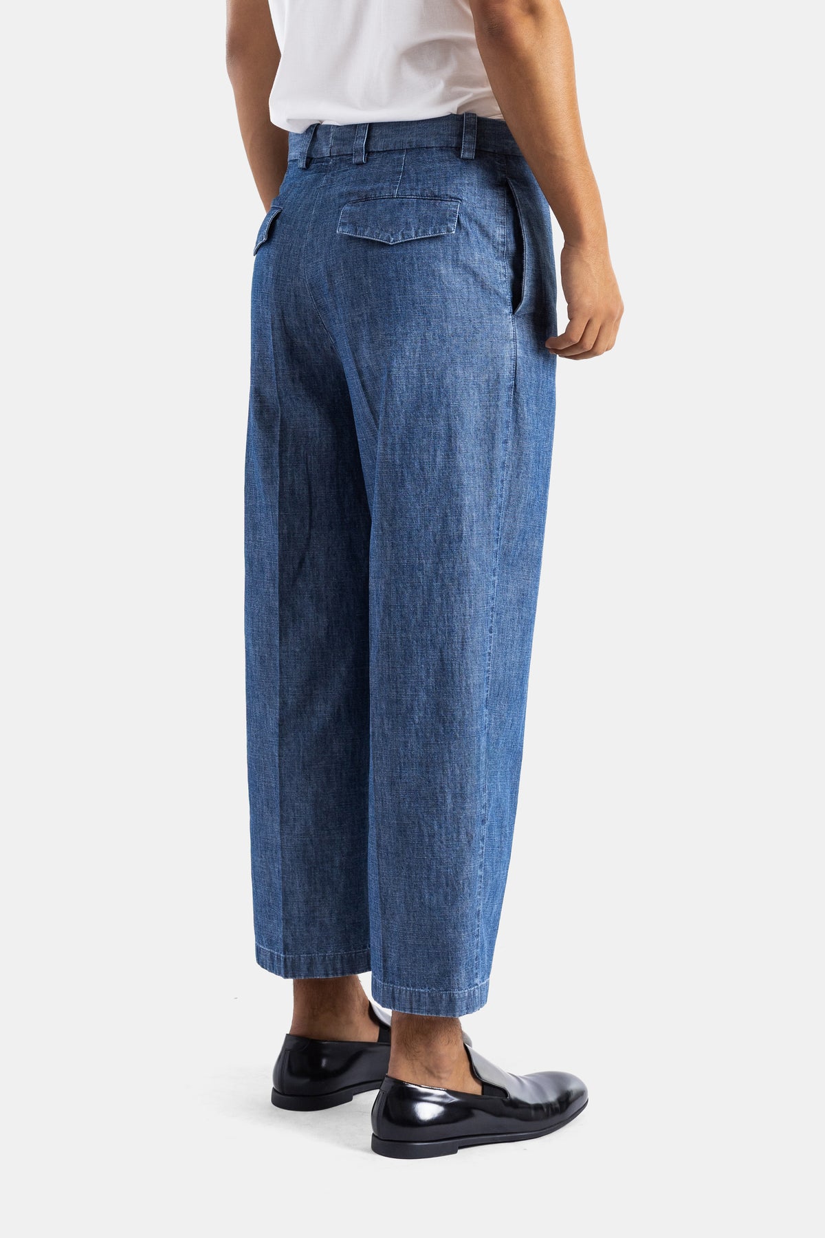 Washed Indigo Cotton Chambray Wide Leg 7/8 Length Trousers with Central Crease