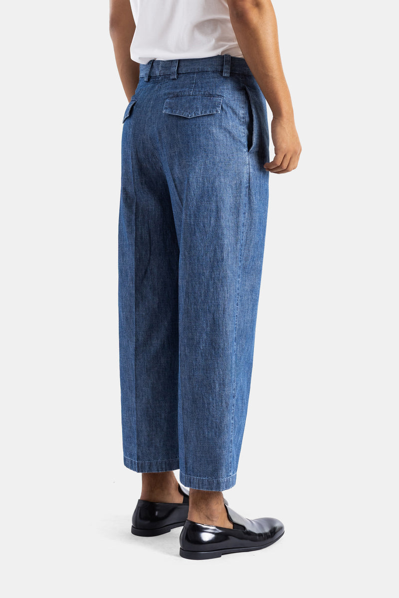 Washed Indigo Cotton Chambray Wide Leg 7/8 Length Trousers with Central Crease