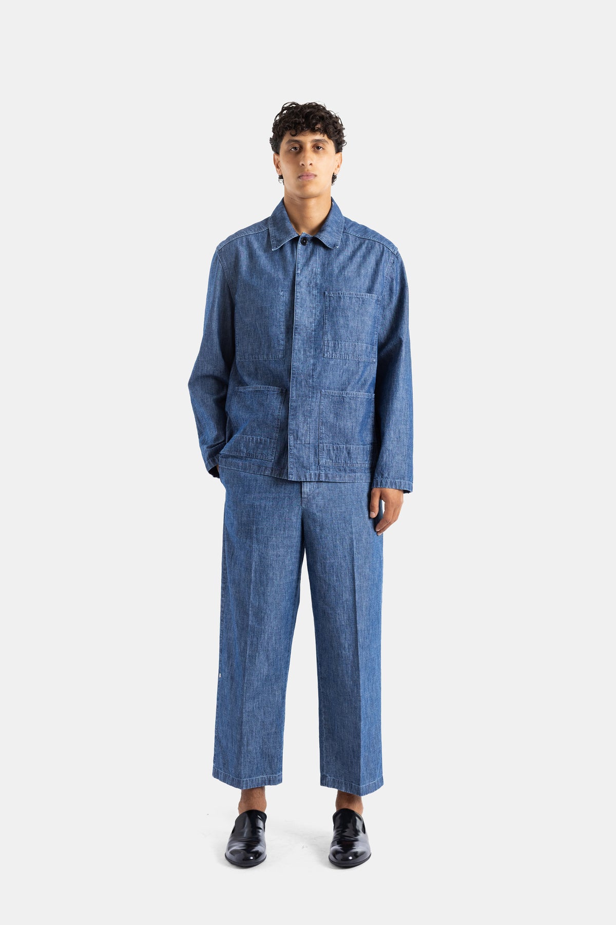 Washed Indigo Cotton Chambray Wide Leg 7/8 Length Trousers with Central Crease