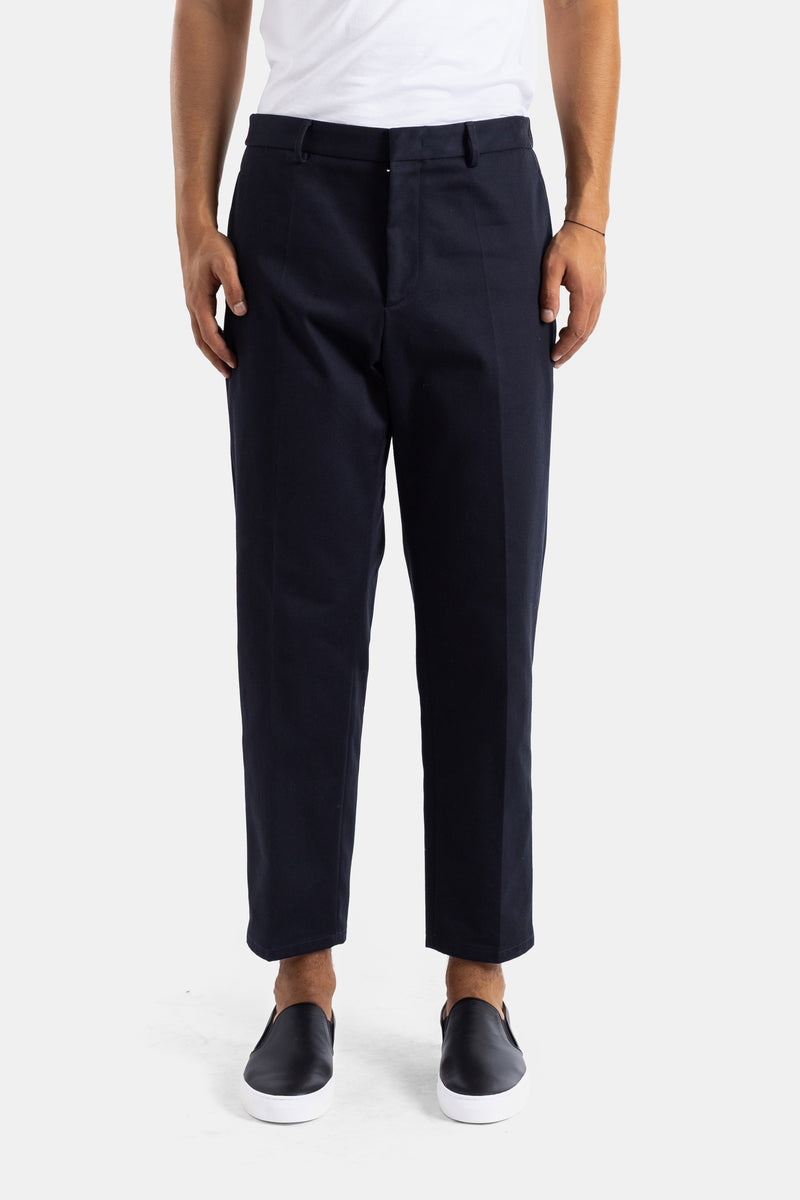 Jil Sander navy cotton tapered suit trousers central crease straight slim fit women FW24