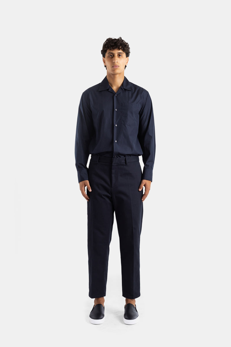 Navy Tapered Cotton Suit Trousers with Central Crease and Welt Pockets