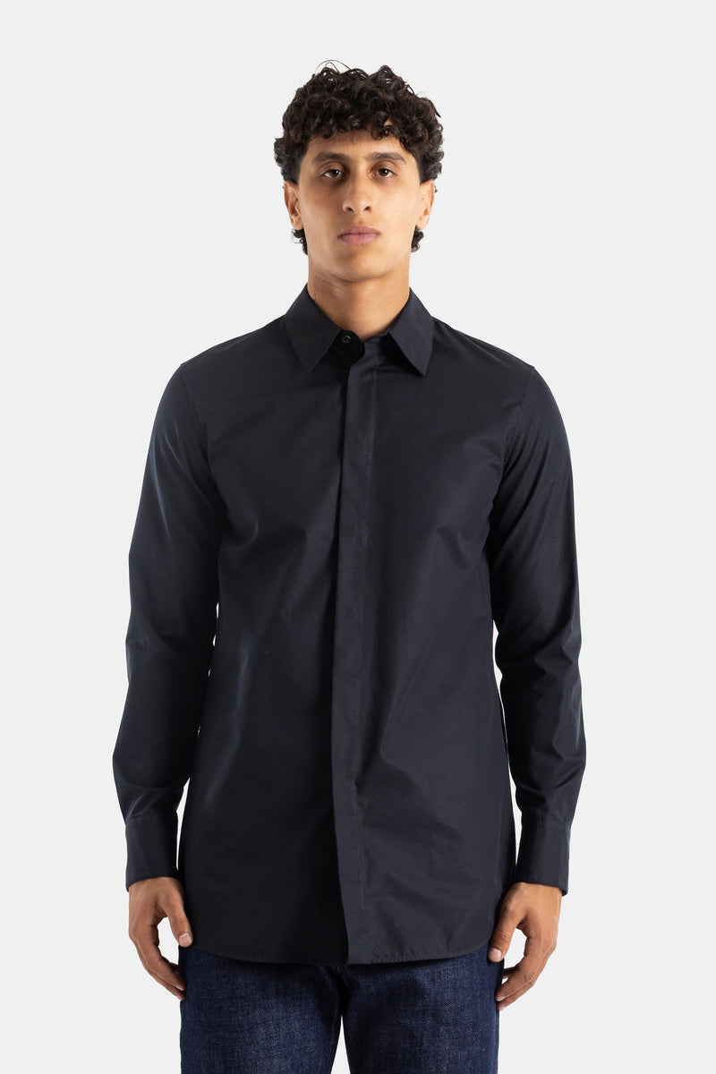 Jil Sander black organic cotton shirt concealed placket classic collar slim fit minimalist FW24