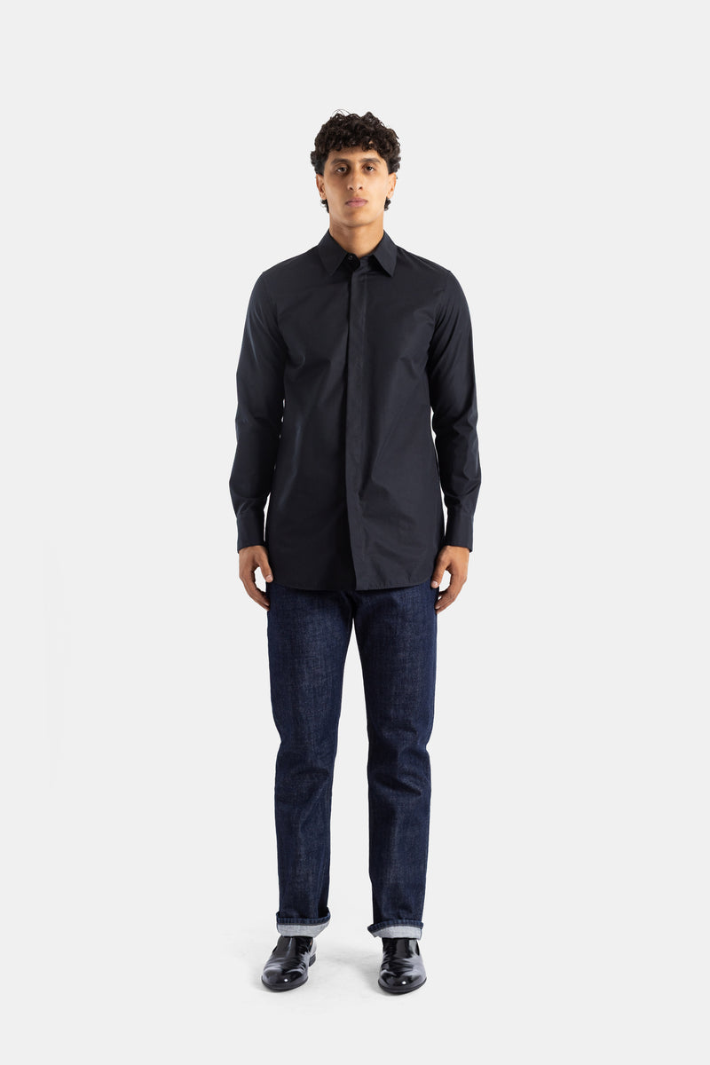 Heavy Organic Black Cotton Shirt with Concealed Placket and Classic Collar