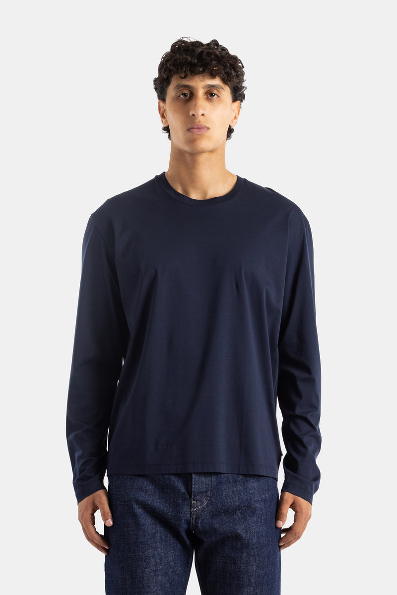 Jil Sander navy cotton jersey crewneck straight-fit minimalist men's long-sleeve t-shirt SS25