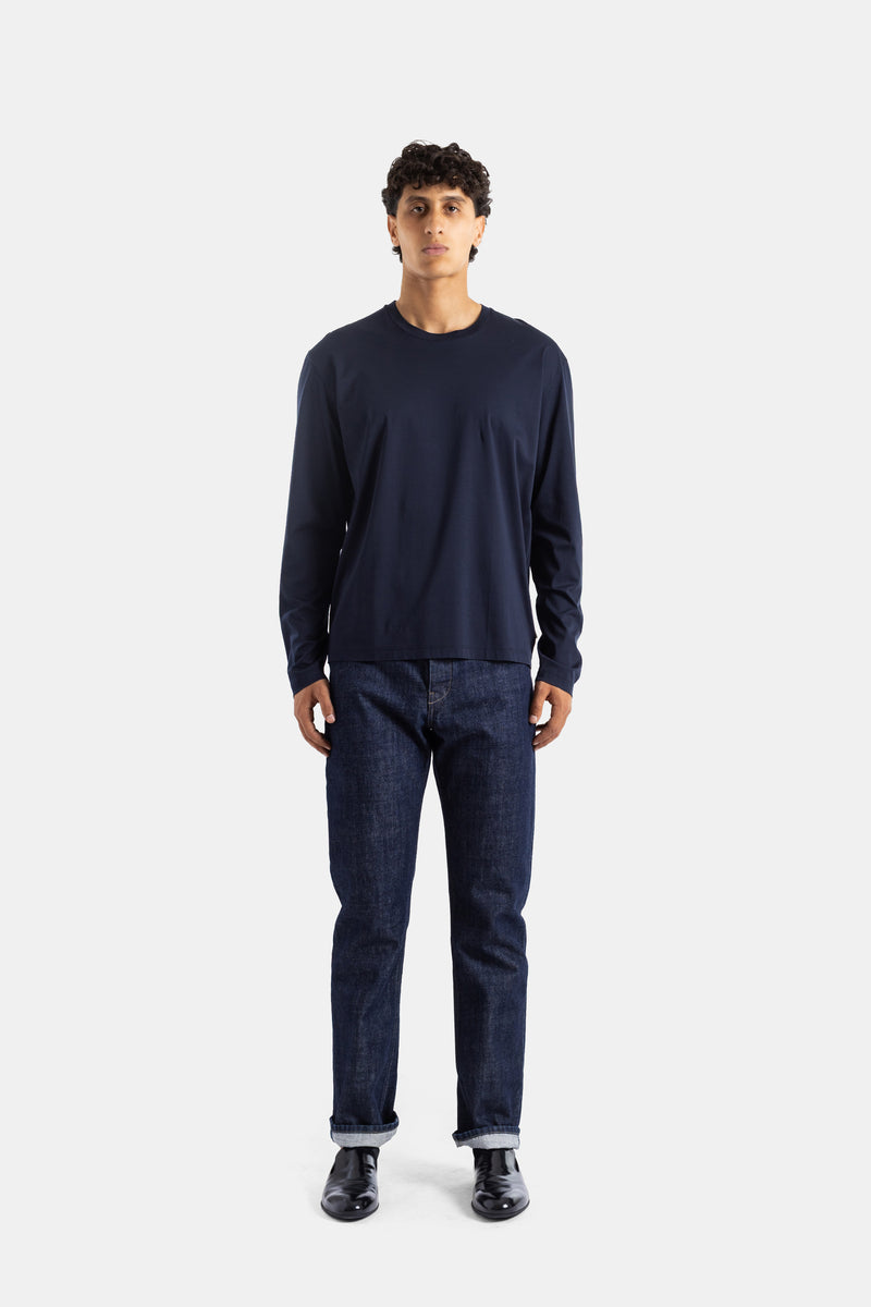 Navy Cotton Jersey Crewneck Long-Sleeve T-Shirt