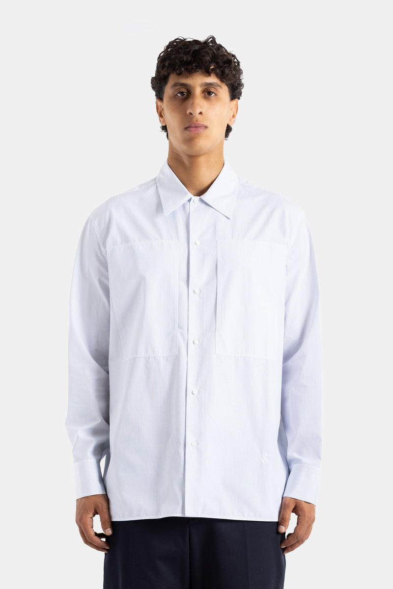 Tuesday Shirt fine sky blue white stripes oversized cut in cotton with patch pockets FW25