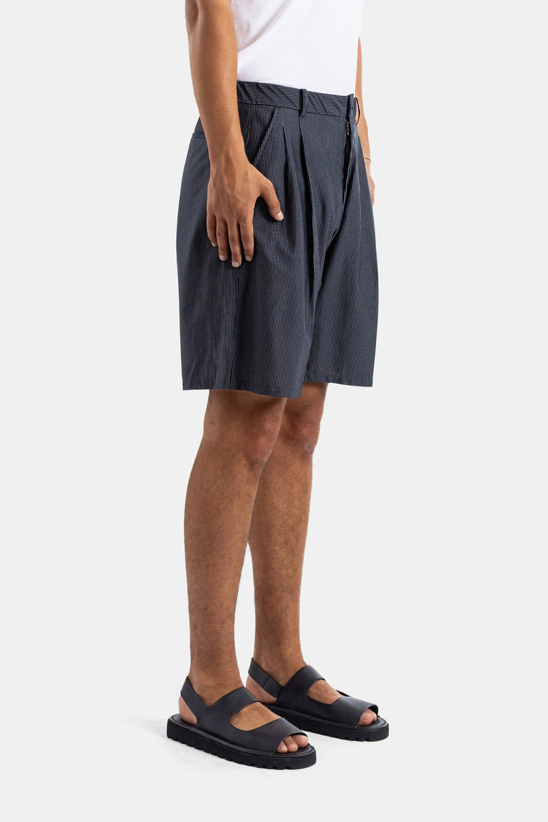 Wide Pleated Fine-Stripe Cotton Jersey Bermuda Shorts