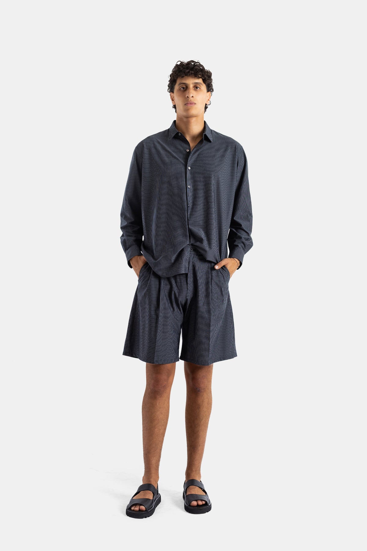 Wide Pleated Fine-Stripe Cotton Jersey Bermuda Shorts