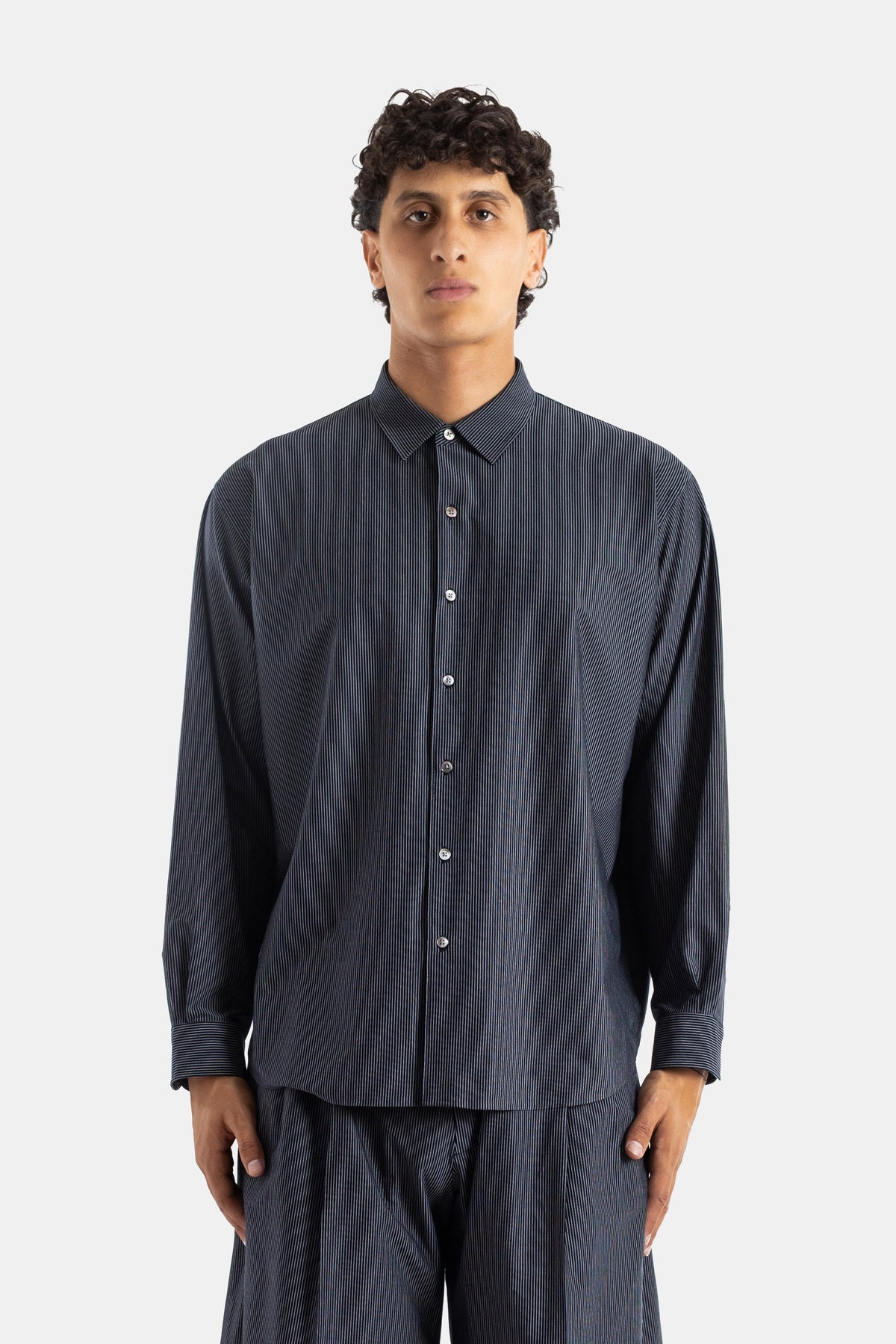 Kanemasa Phil. oversized cotton jersey shirt fine black stripes ample silhouette fluid drape classic collar SS26