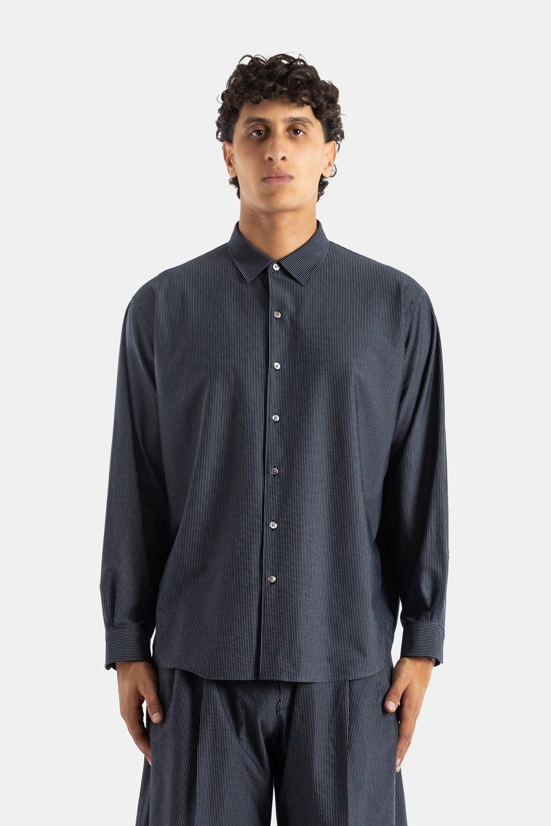 Kanemasa Phil. oversized cotton jersey shirt fine black stripes ample silhouette fluid drape classic collar SS26