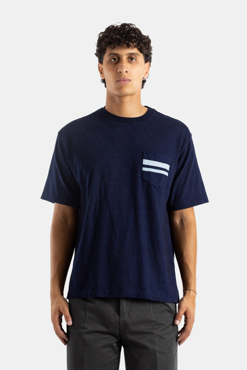 Momotaro t-shirt Yarn Dyed Pocket Tee Indigo oversize fit in navy textured linen SS26 men