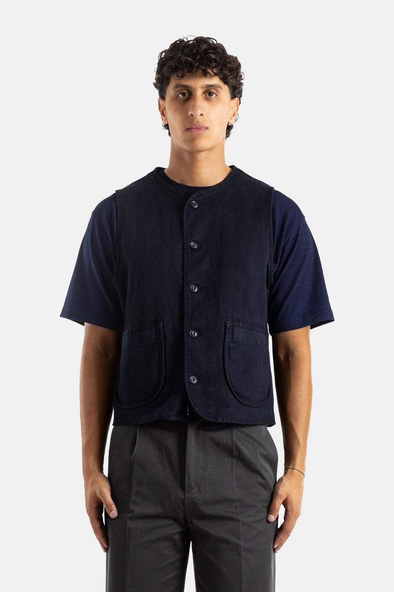 Momotaro men's sashiko vest indigo overdye short cut textured buttons patch pockets SS26