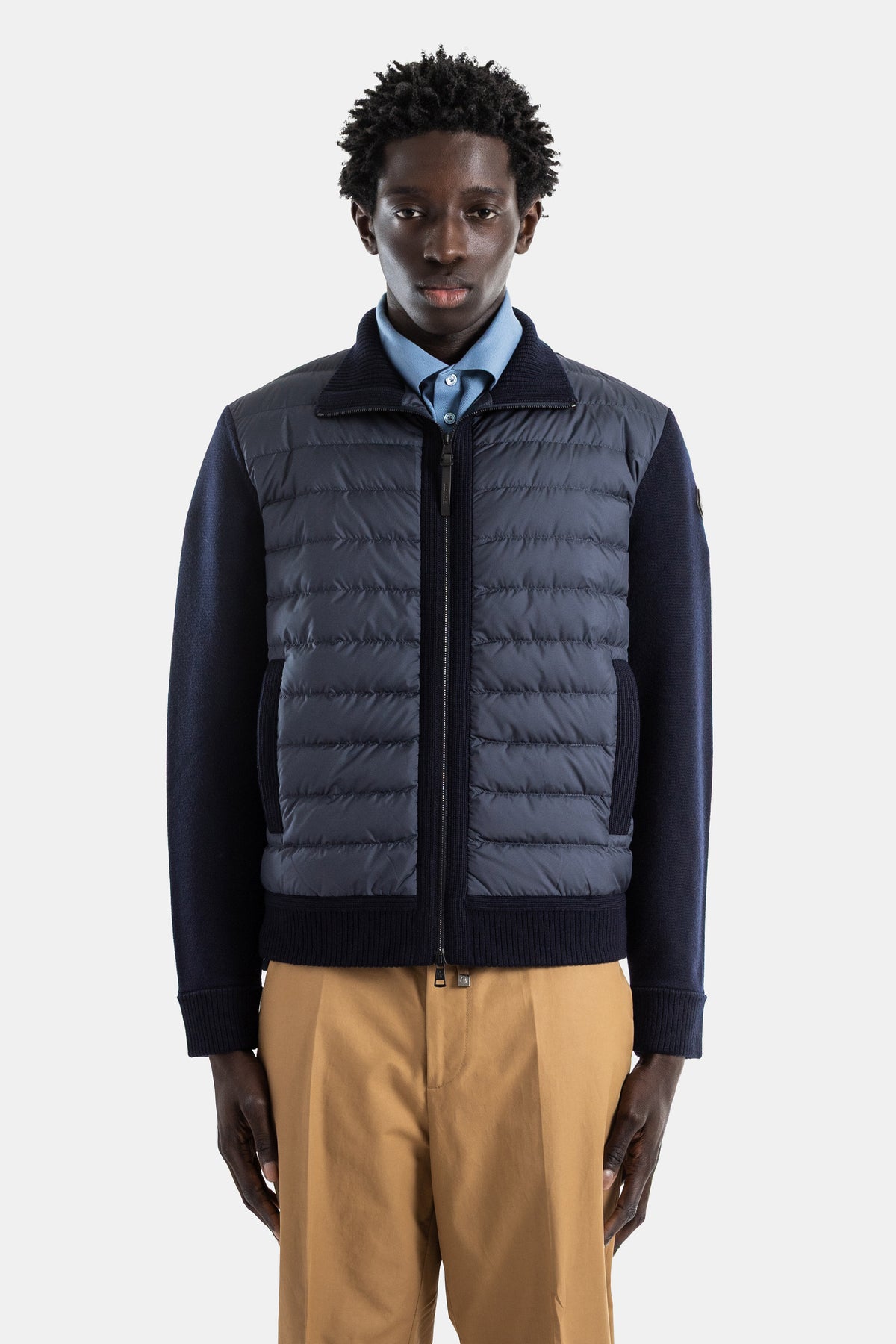 Cardigan zippé laine vierge devant matelassé duvet navy