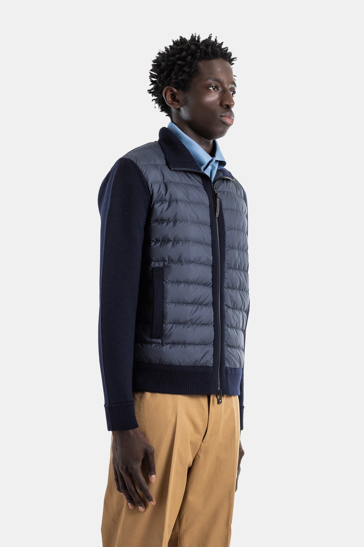 Cardigan zippé laine vierge devant matelassé duvet navy