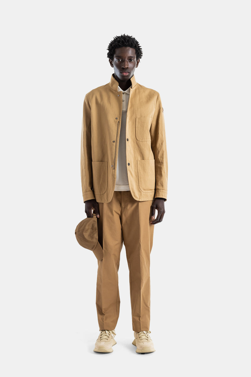 Veste-chemise coton lin camel col Mao Jouere