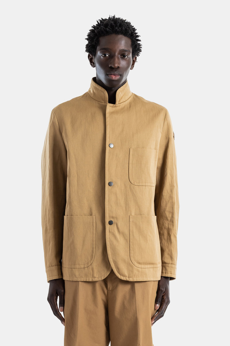 Veste-chemise coton lin camel col Mao Jouere