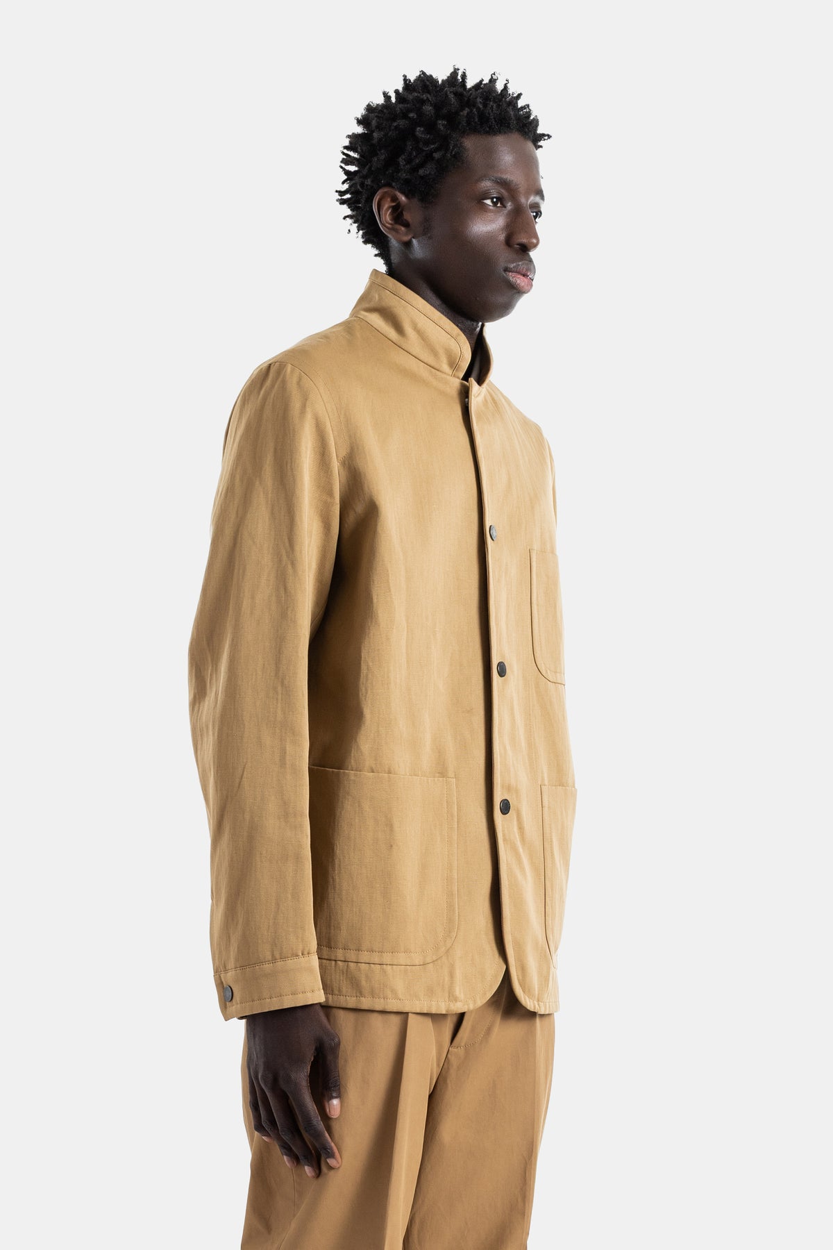 Cotton linen shirt jacket camel Mandarin collar Jouere