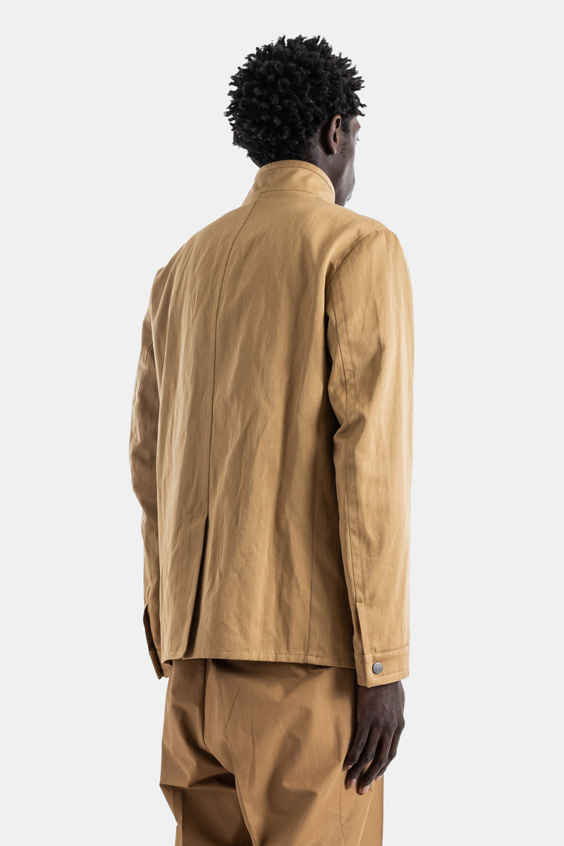 Cotton linen shirt jacket camel Mandarin collar Jouere