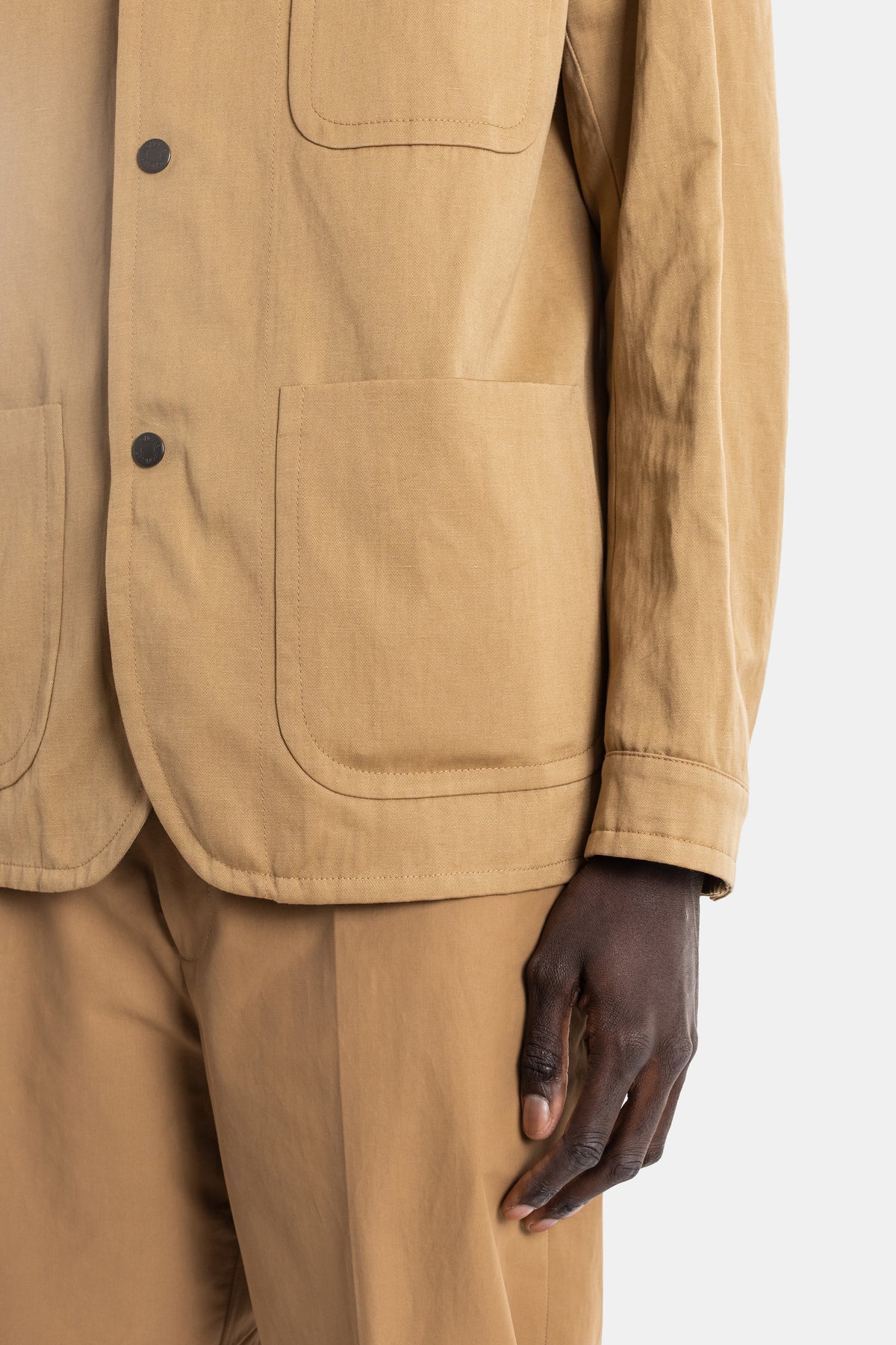 Cotton linen shirt jacket camel Mandarin collar Jouere