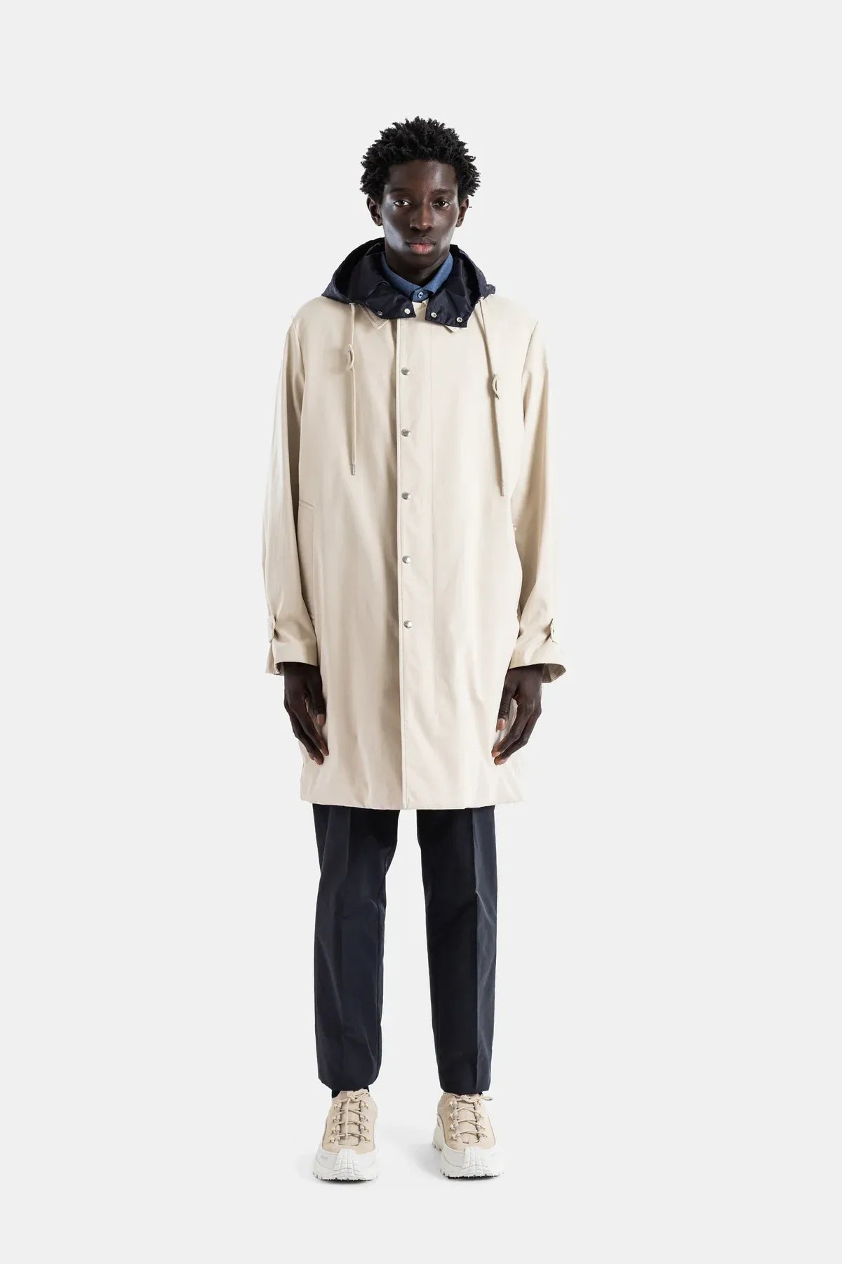 Long down parka light beige removable navy hood Kervoyal