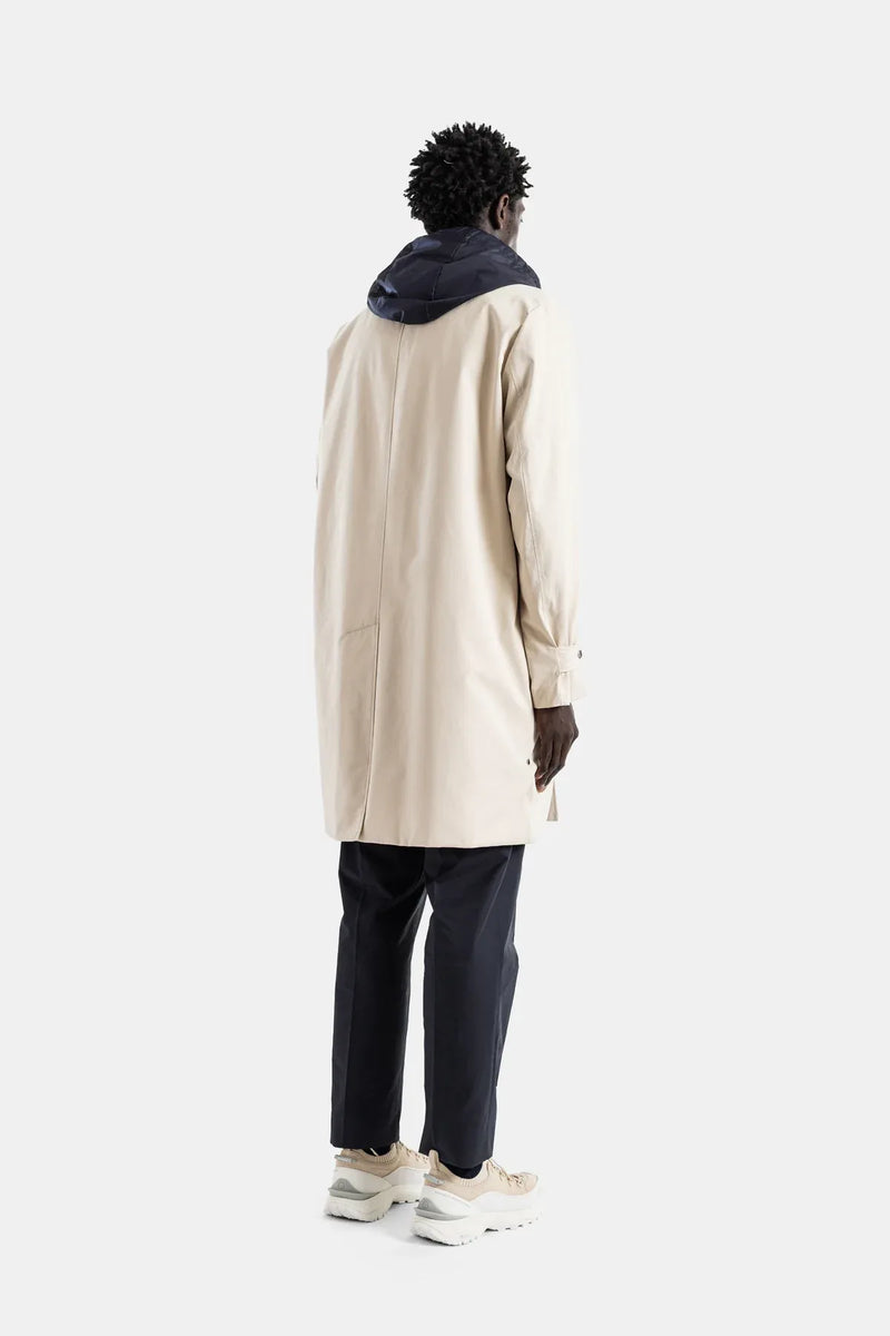Long down parka light beige removable navy hood Kervoyal