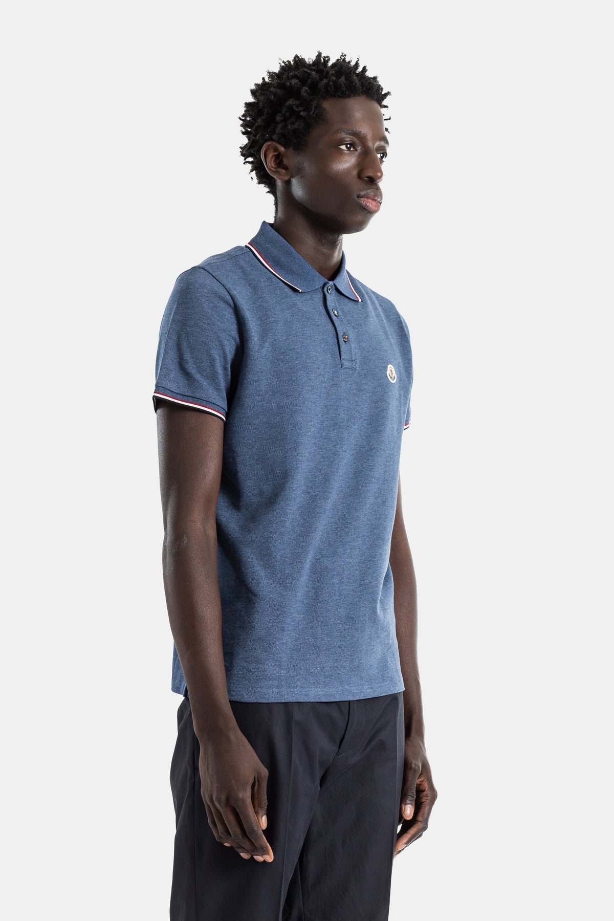 Cotton piquet polo slate blue melange tricolor trim