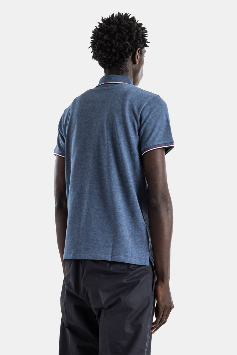 Cotton piquet polo slate blue melange tricolor trim