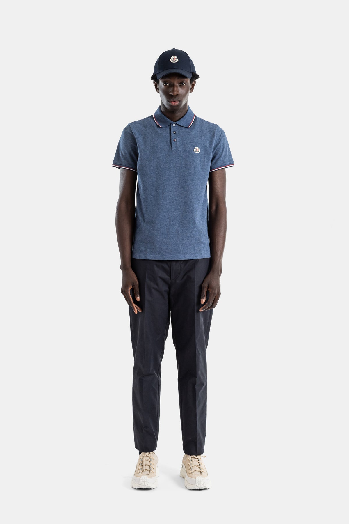 Cotton piquet polo slate blue melange tricolor trim