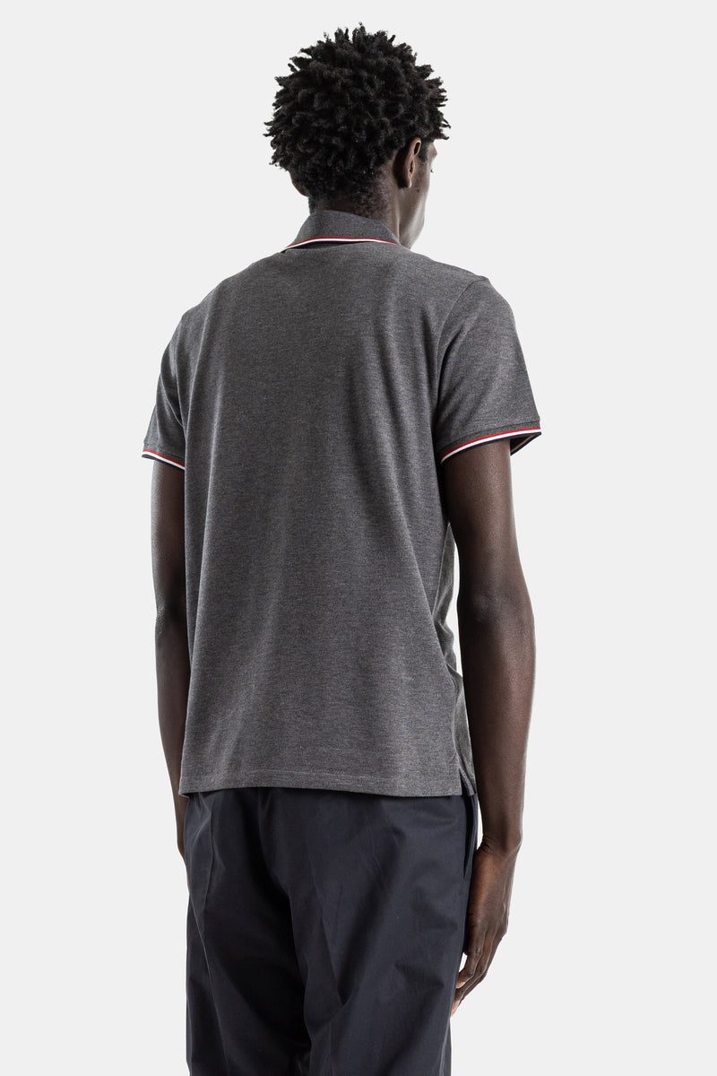 Polo coton piqué gris anthracite chiné liseré tricolore