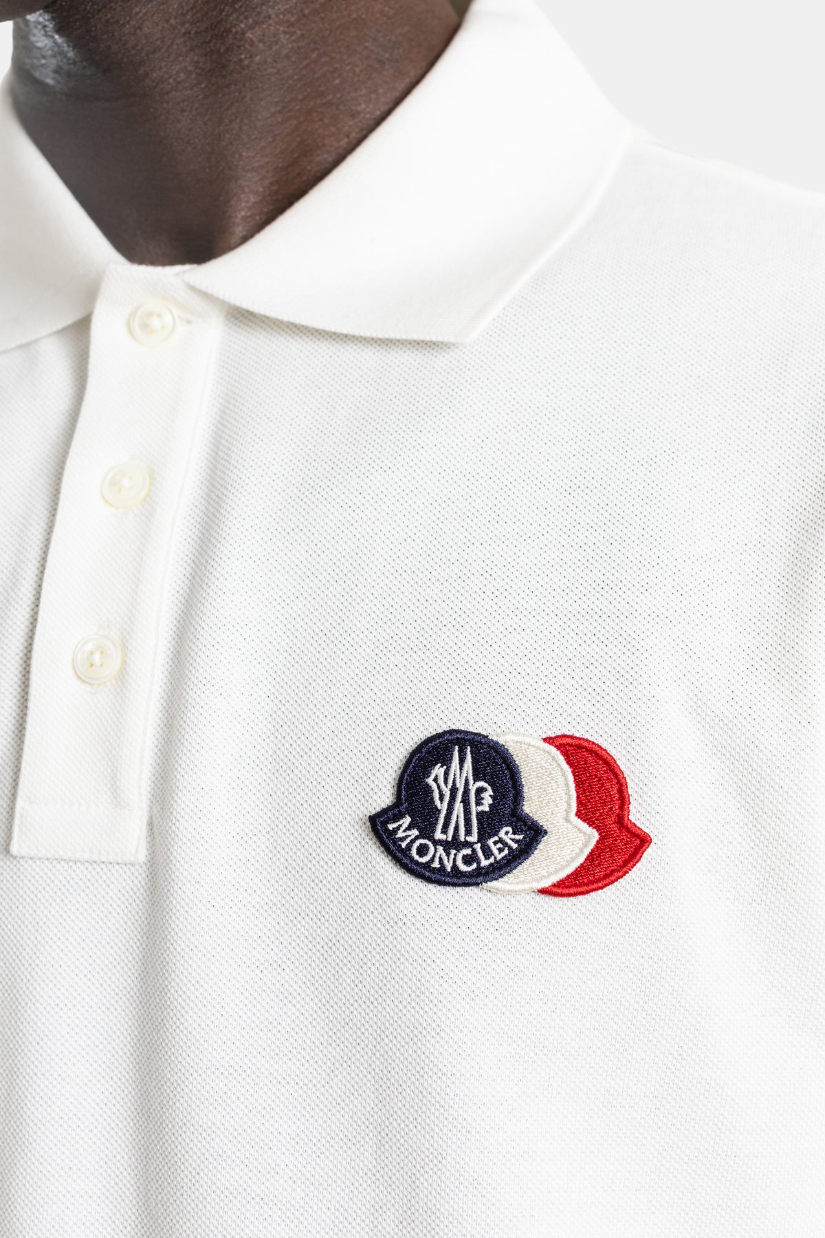 Polo coton piqué blanc ivoire double patch logo tricolore poitrine