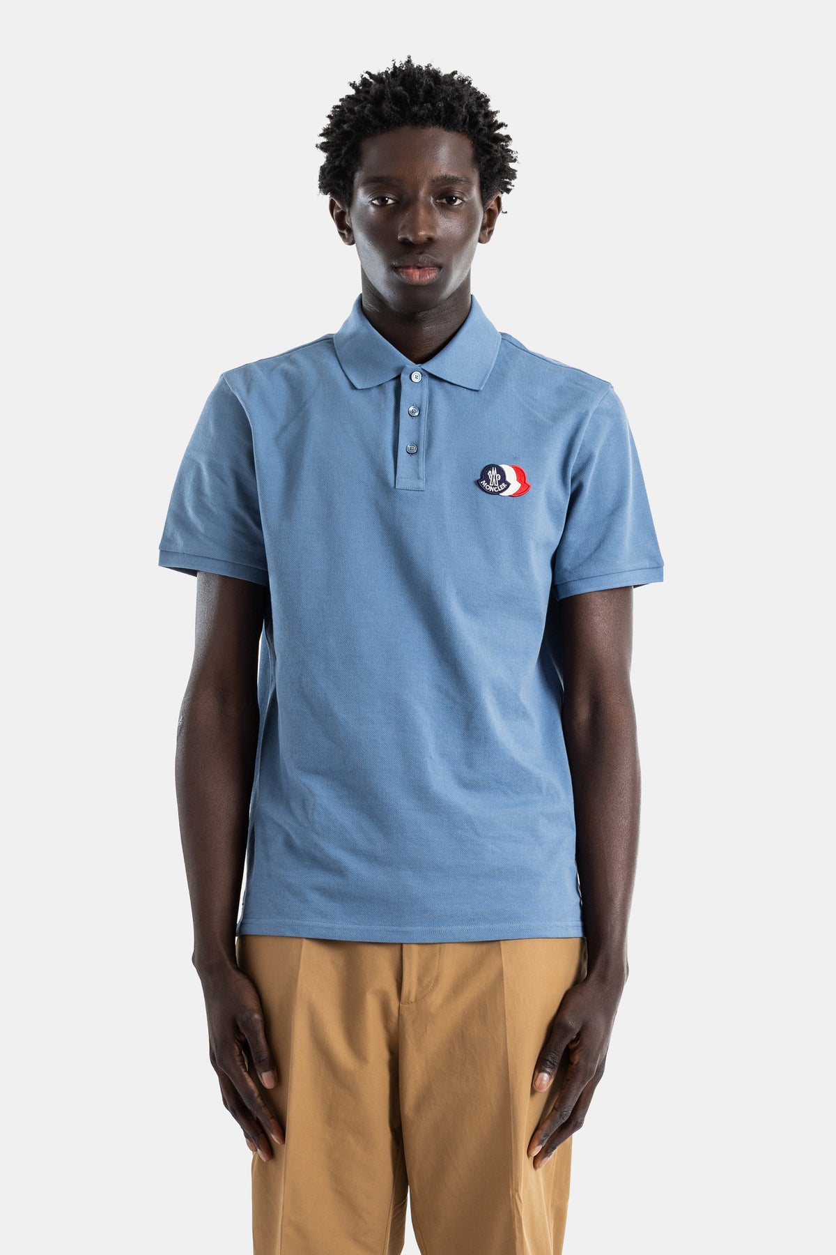 Cotton piquet polo slate blue double tricolor logo patch chest
