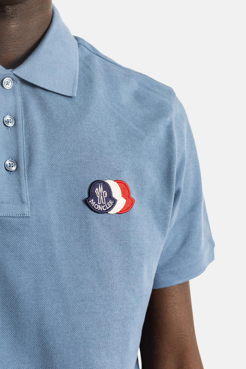 Cotton piquet polo slate blue double tricolor logo patch chest