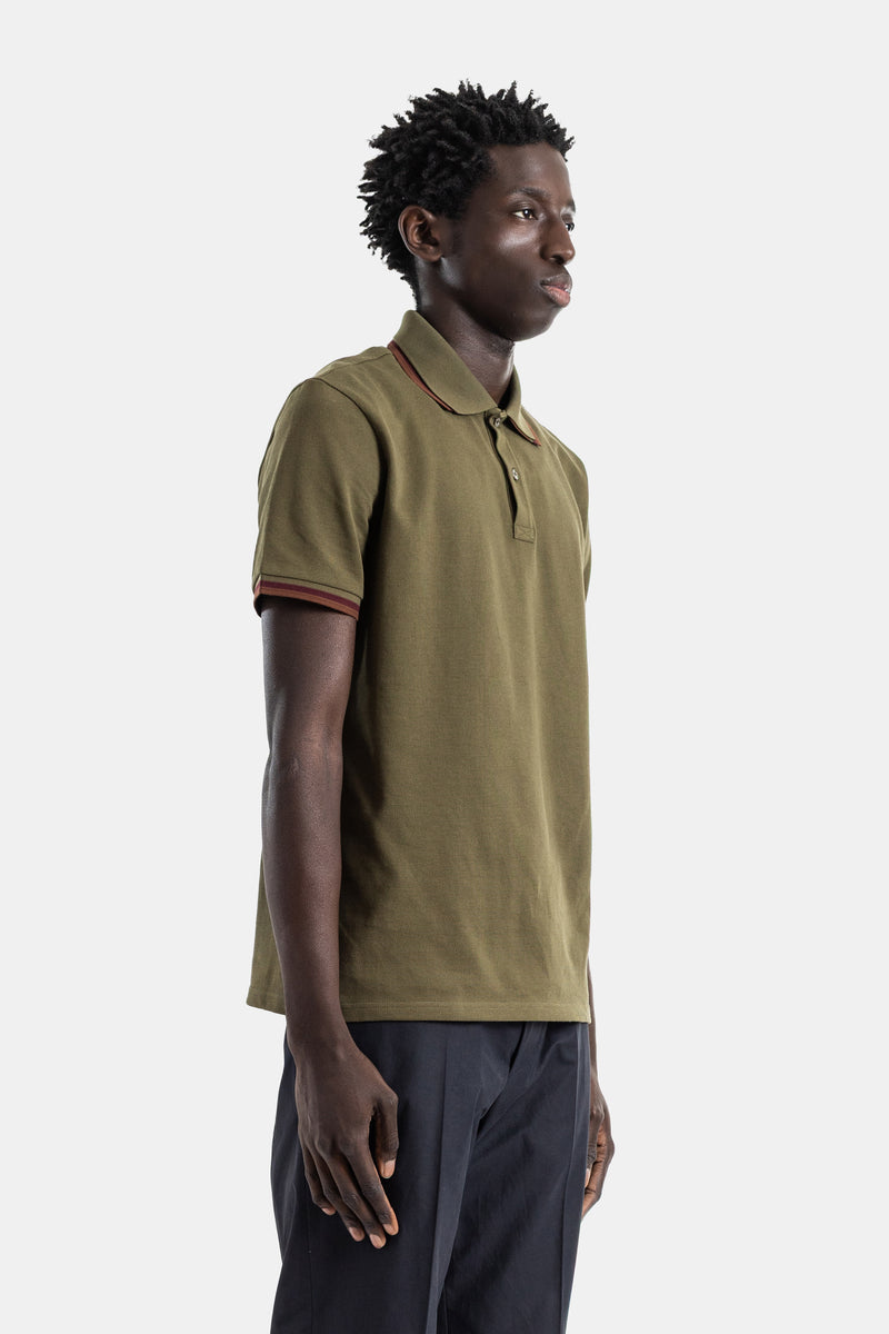 Olive khaki piqué cotton polo shirt with burgundy trim on collar and cuffs
