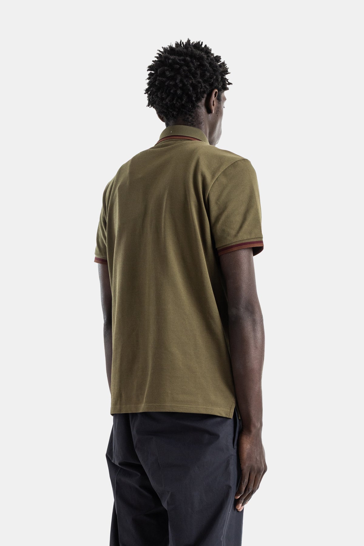 Olive khaki piqué cotton polo shirt with burgundy trim on collar and cuffs