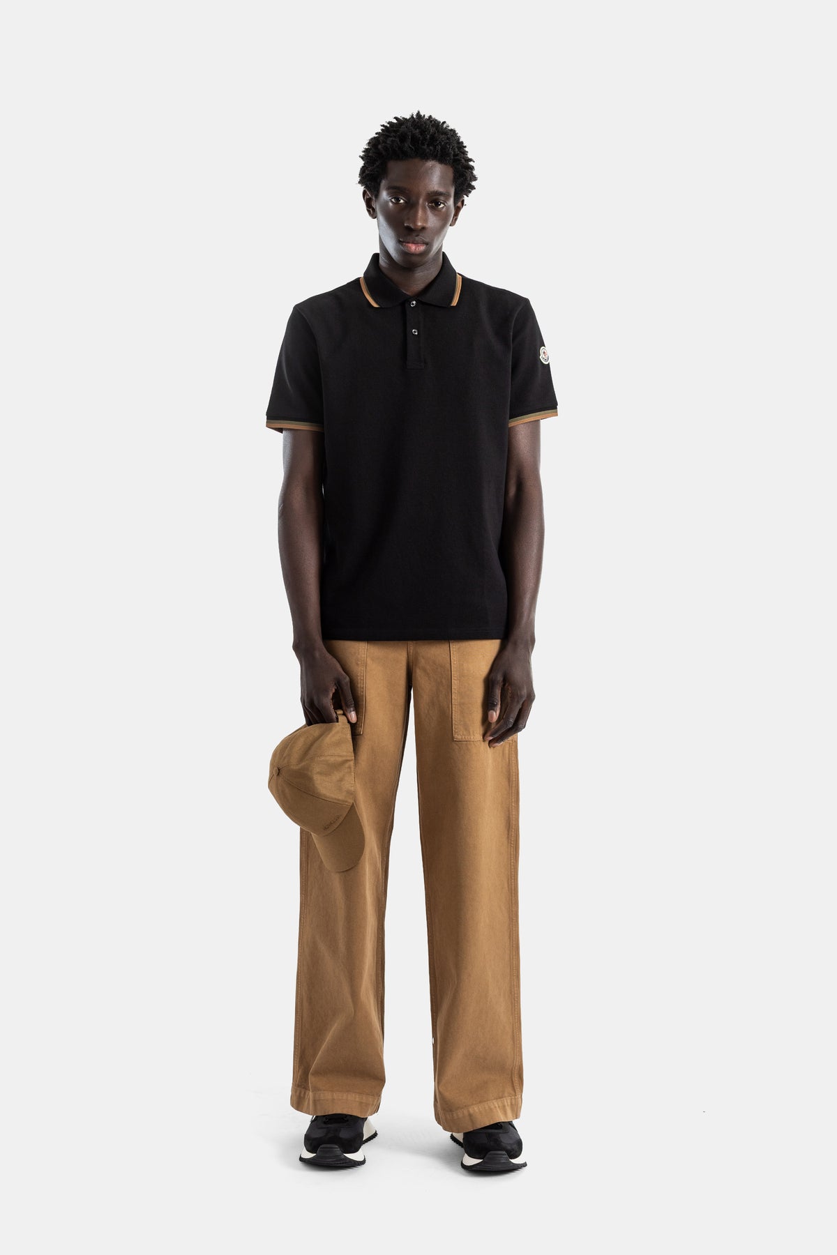 Black Piqué Cotton Polo Shirt with Camel Trim Collar and Cuffs
