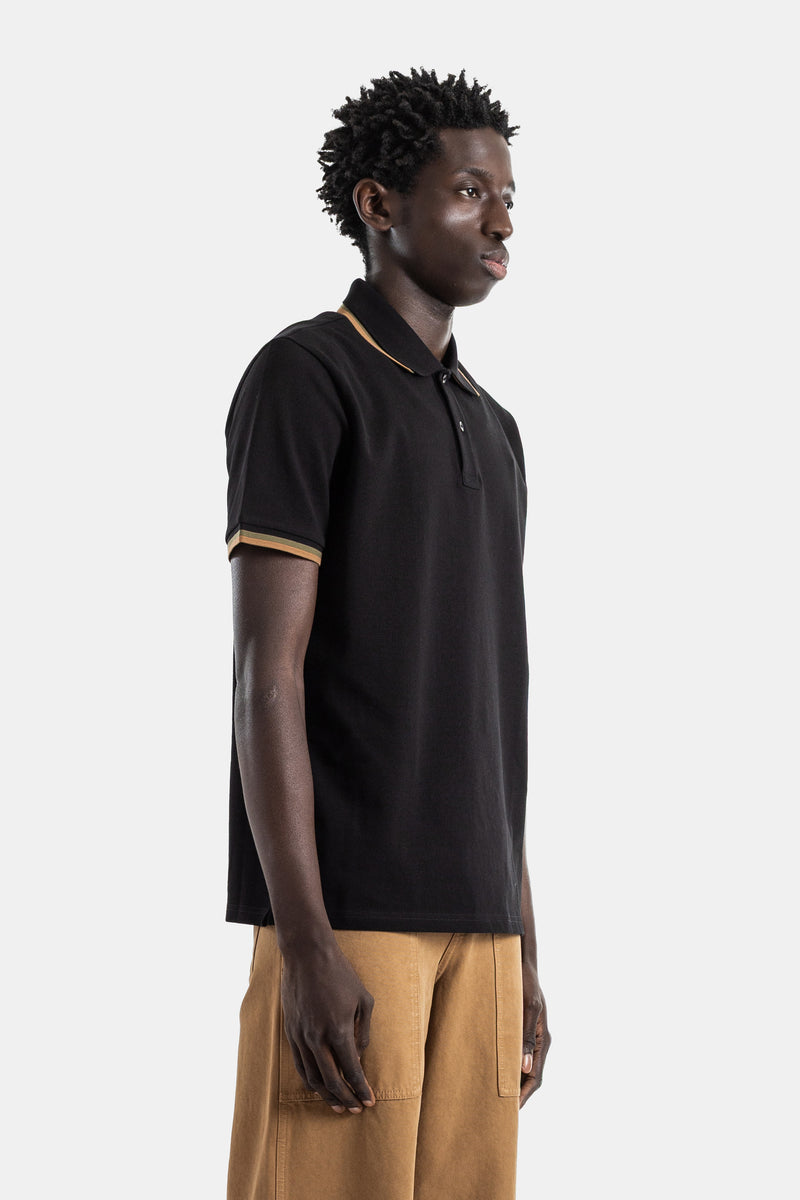 Black Piqué Cotton Polo Shirt with Camel Trim Collar and Cuffs