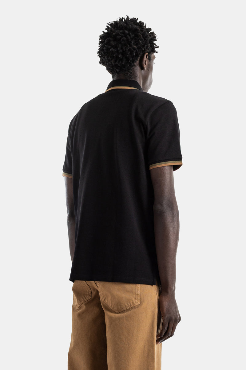 Black Piqué Cotton Polo Shirt with Camel Trim Collar and Cuffs