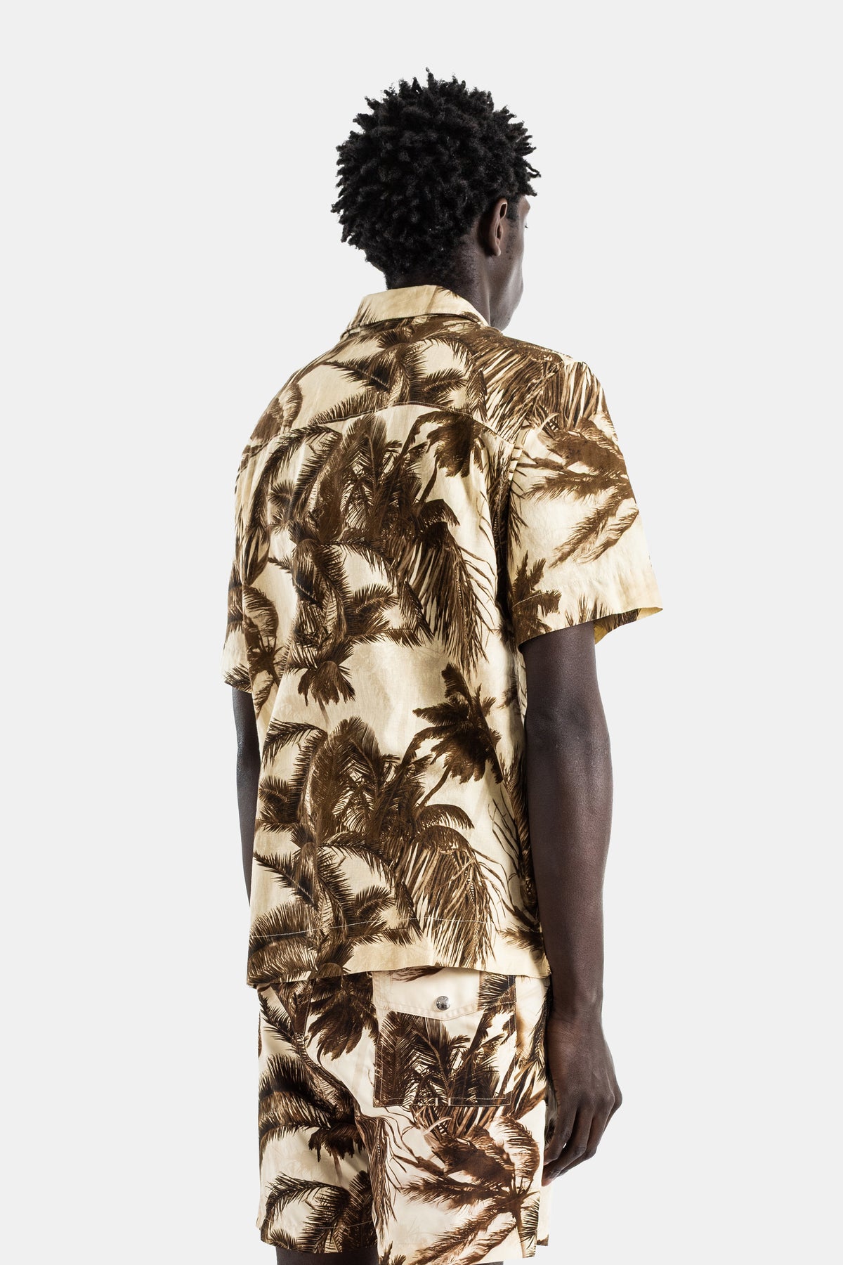 Chemise manches courtes coton lin imprimé palmiers sépia