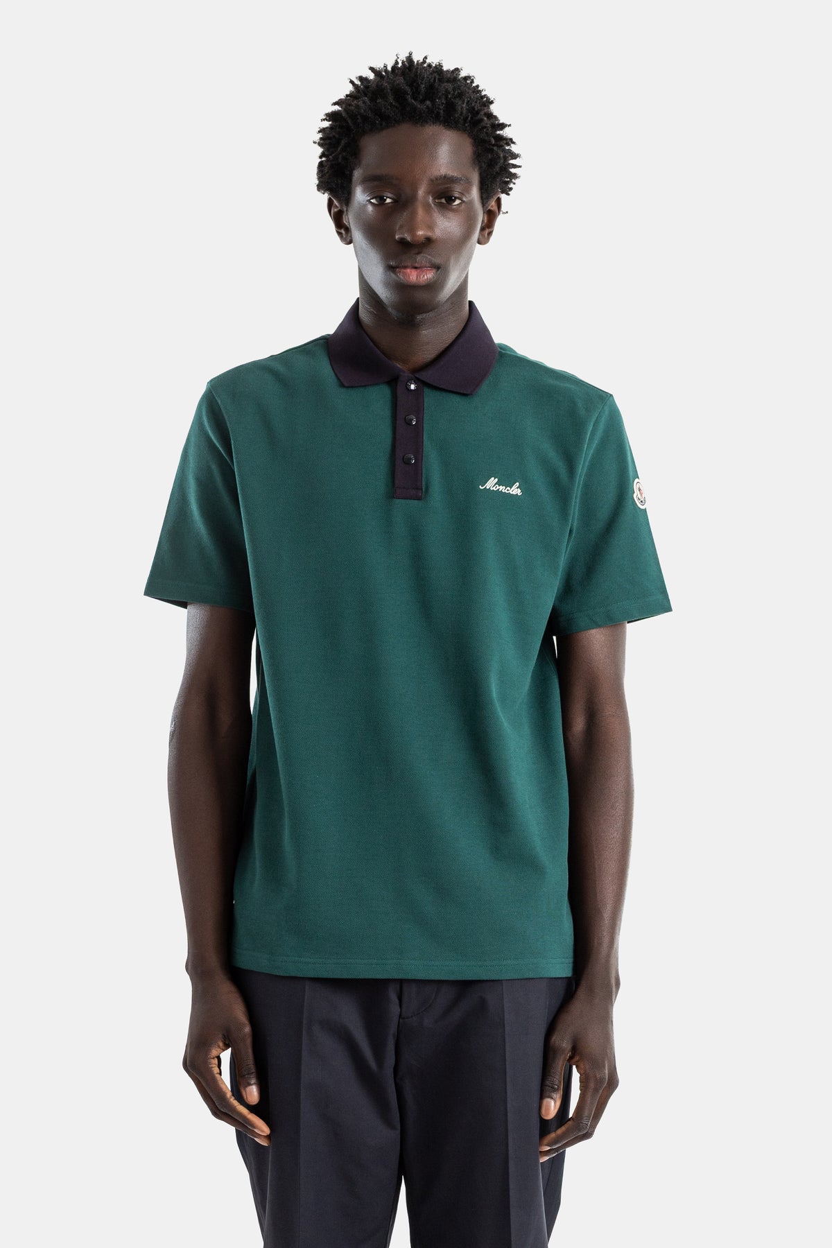 Cotton piquet polo forest green contrast navy collar script logo